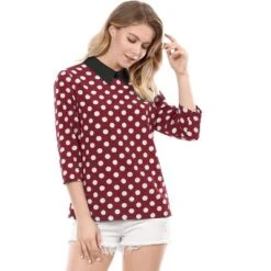 Allegra K Women's Polka Dots Contrast Peter Pan Collar Top 3/4 Sleeves Blouse