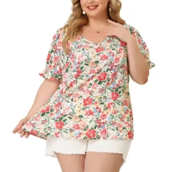 Agnes Orinda Women's Plus Size V Neck Ruffle Sleeve Floral Blouse