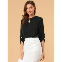 Allegra K Women's Work Office Keyhole Pleated Front Ruched 3/4 Sleeve Chiffon Blouse