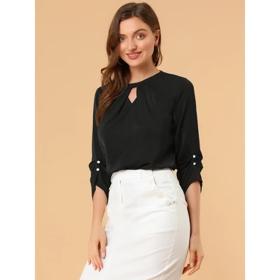 Allegra K Women's Work Office Keyhole Pleated Front Ruched 3/4 Sleeve Chiffon Blouse 1 Allegra K Women's Work Office Keyhole Pleated Front Ruched 3/4 Sleeve Chiffon Blouse