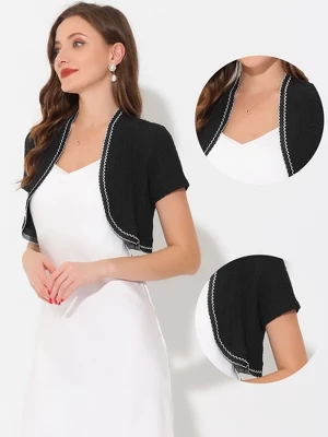 Allegra K Women's Contrast Trim Open Front Cropped Short Sleeve Bolero Shrug 1 Allegra K Women's Contrast Trim Open Front Cropped Short Sleeve Bolero Shrug