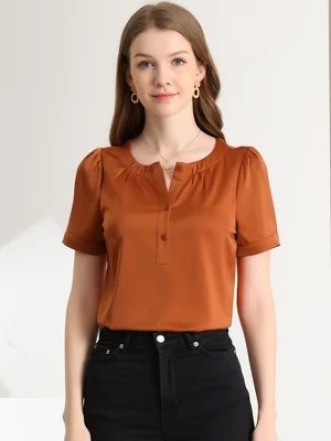 Allegra K Women's Satin Pleated Round Neck Button Front Puff Sleeve Office Blouse 2 Allegra K Women's Satin Pleated Round Neck Button Front Puff Sleeve Office Blouse - Image 2