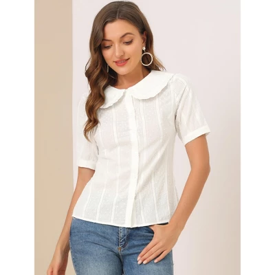 Allegra K Women's Peter Pan Collar Swiss Dots Short Sleeves Button Front Shirt 1 Allegra K Women's Peter Pan Collar Swiss Dots Short Sleeves Button Front Shirt