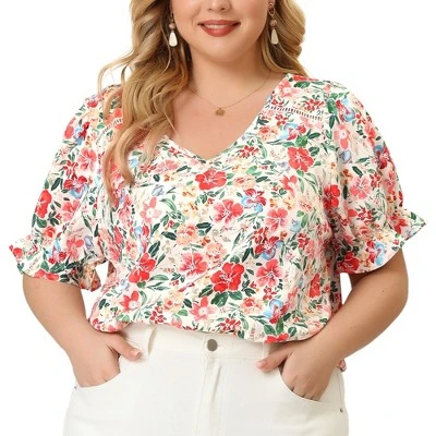 Agnes Orinda Women's Plus Size V Neck Ruffle Sleeve Floral Blouse 6 Agnes Orinda Women's Plus Size V Neck Ruffle Sleeve Floral Blouse - Image 6