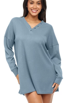 Women's Soft Ribbed Waffle Rib Knit Oversized Sleep Shirt, V-neck Night Shirt Sweater Top 12 Women's Soft Ribbed Waffle Rib Knit Oversized Sleep Shirt, V-neck Night Shirt Sweater Top - Image 12
