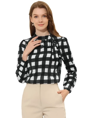 Allegra K Women's Bow Tie Neck Grid Checks Office Work Blouses 11 Allegra K Women's Bow Tie Neck Grid Checks Office Work Blouses - Image 11